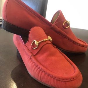 Gucci hibiscus red horsebit loafers
